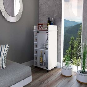 Bar Cart Baltimore, Six Wine Cubbies, Glass Door, Four Caster, Two Shelves, White Finish