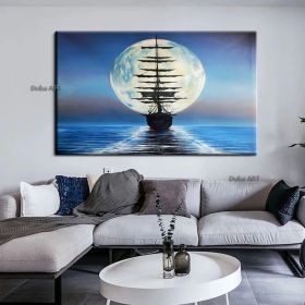 Handmade Sailboat Painting Seascape Original Art Boat Painting Nautical Artwork Full Moon Canvas Painting Night Sky Wall Art (size: 150x220cm)